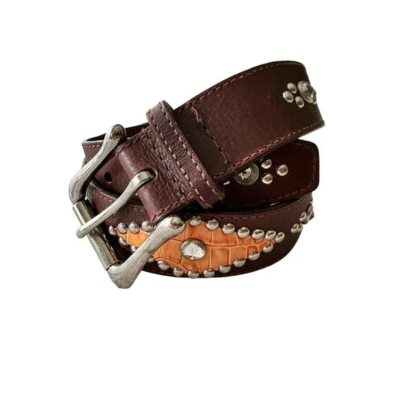 Vtg GUESS Leather Belt Big Buckle Studded Rhinestone Brown Y2K Guess Vintage Y2K Chunky Big Buckle Leather Belt Rhinestone  main image 4